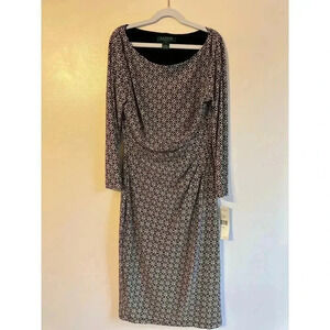 NWT Lauren Ralph Lauren Black/Beige Geometric Stretch 3/4 Sleeves Midi Dress 2